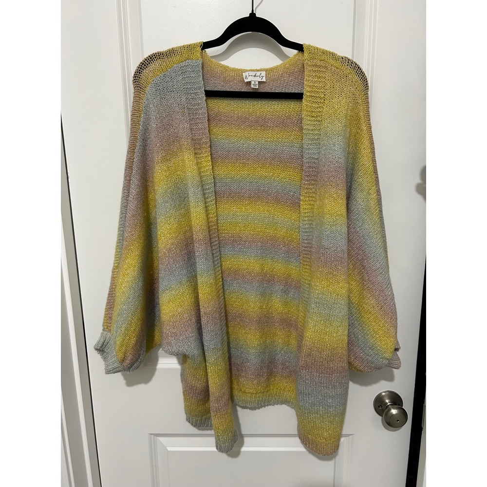Wonderly Striped Open Front Cardigan Sweater Yellow Pink Gray Size S‎